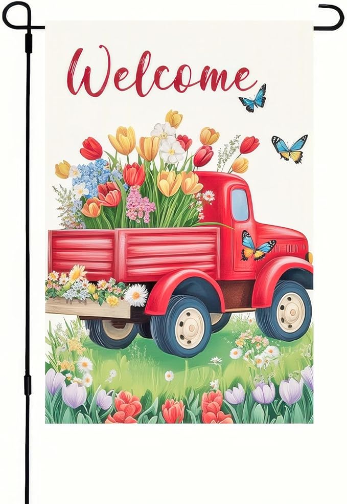 BlissYard Outdoor Garden Flag Double Sided Garden Flag Welcome Red Truck Flag Spring Flowers and Butterflies Design 12x18 Inch Polyester Yard Decoration for Outdoor Lawn and Patio