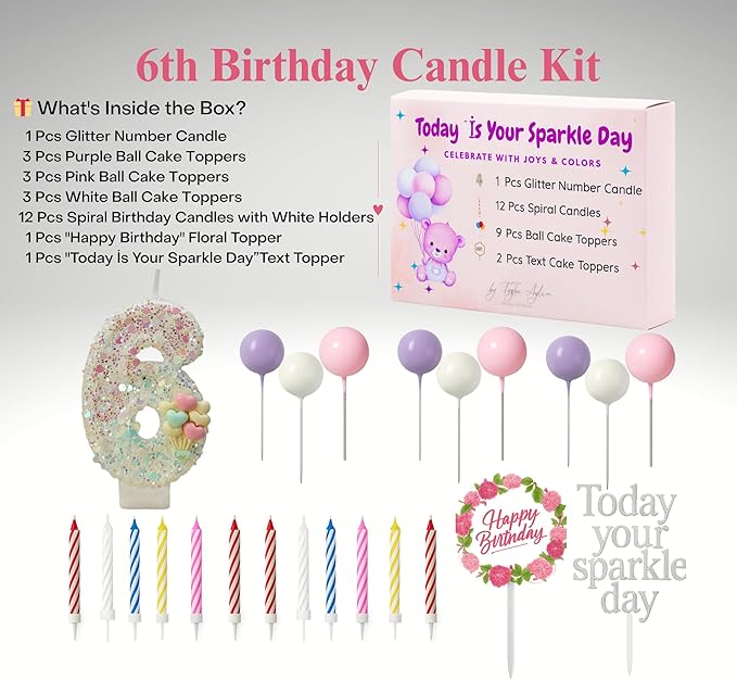 by Tugba Aydan - 6 Number Birthday Candles – 24 Piece Cake Decoration Kit with Number Candle – Party Supplies for Kids Sixth Birthday Celebration