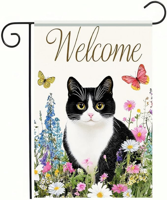 BlissYard Spring Welcome Black White Cat Garden Flag 12×18 Inch Double Sided Small Black Cat Flower Floral Garden Yard Flags for Spring Summer Outside Outdoor House Seasonal Decoration Flag