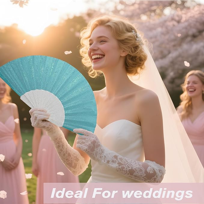 24 Pack Handheld Fan,Folding Hand Glitter Fan with Shining Transparent Fan Rib – Ideal for Wedding, Church, Festival, Dance, Tea Party, Club, and EDM Accessories, Sky Blue
