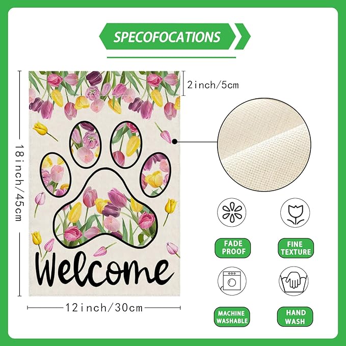 ZAEW Welcome Dog Paw Tulips Spring Garden Flag Summer Seasonal Yard Flag 12x18 Inch Double Sided Small Mini Yard Outdoor Outside Holiday Decoration