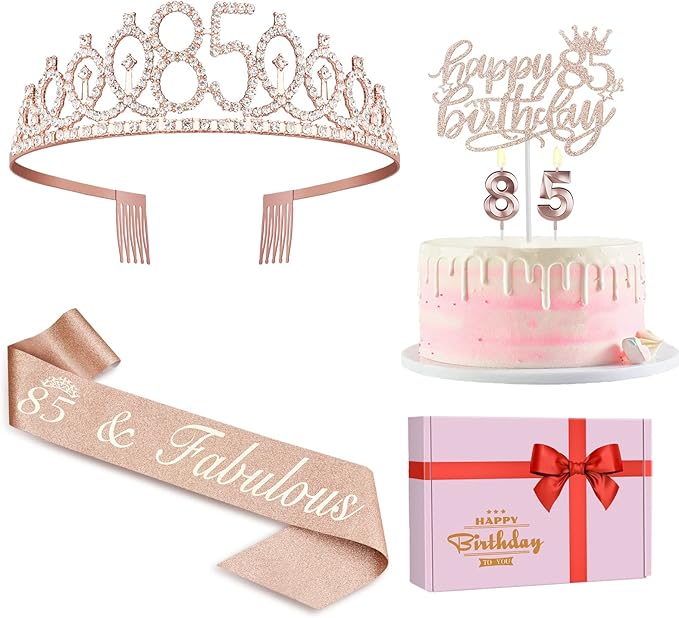 85th Birthday Party Decorations Including Sash, Crown, Numeral Candles and Cake Topper, Rose Gold 85th Birthday Decorations for Women