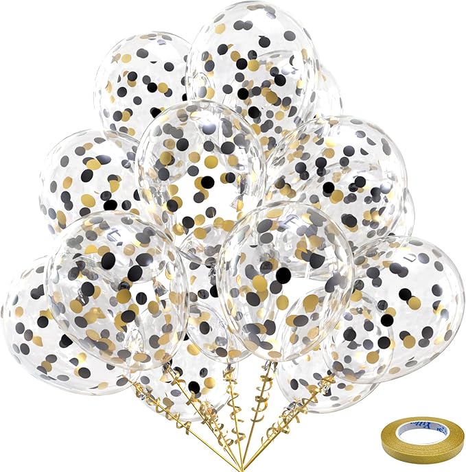 Bezente Black Gold Confetti Latex Balloons - 60 Pack 12 inch Helium Black Gold Confetti Balloons for Wedding Graduation Bridal Shower Birthday Party Decorations