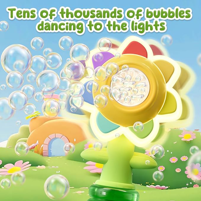 Rechargeable Flower Bubble Guns for Kids W/LED Lights & 10 Refill Solutions, Fun Swing Dance Bubble Maker Machine Blower Blaster Toys,Outdoor Summer Play, Easter, Birthday Party Favors & Gifts Yellow