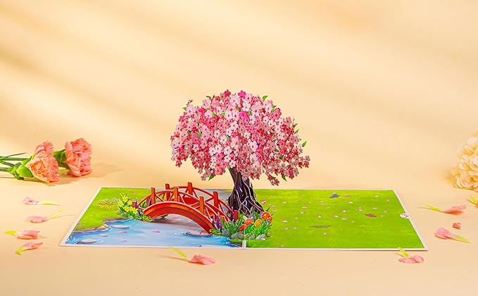 Cherry Blossom Pop Up Birthday Cards for Women, Anniversary Card, Mothers Day Cards, Valentines Day Card, 3D Gift for Her, Him, Husband, Wife, Mum, Dad (PQ Cherry Blossom w Bridge)