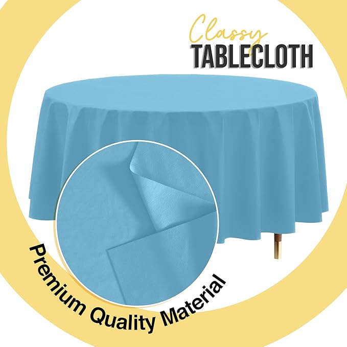 Exquisite 66% Thicker Premium Sky Blue Round Tablecloth 0.5 Mil 24 Pack Plastic Table Cloth Disposable 84 Inch Round Plastic Tablecloth Won't Tear Easily Like Cheap Thin Brands