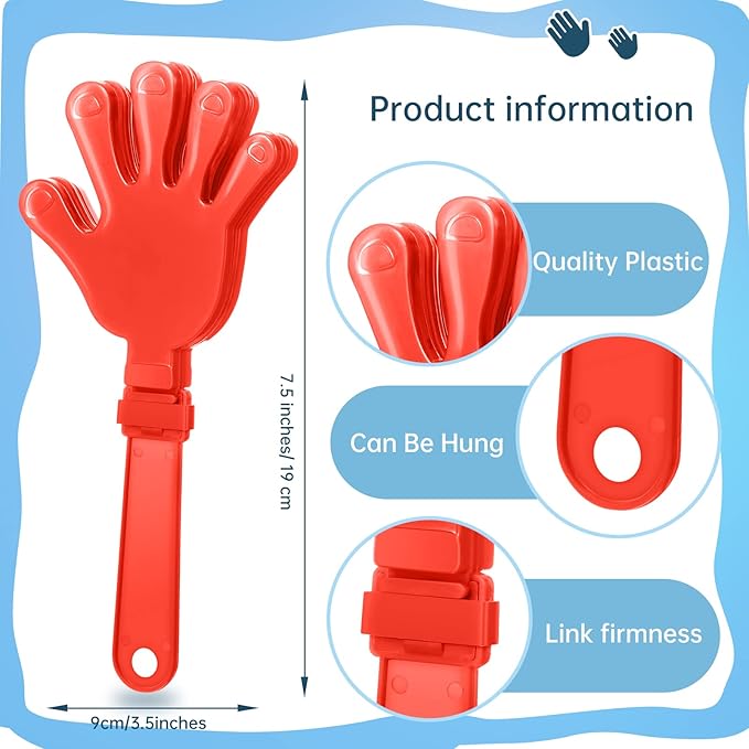 12 Pcs Coral Red Hand Clappers 7.5 Inch Clappers Noisemakers Noise Makers Party Favors Plastic Party Clapper Sporting Events Cheers Ball Dance Basketball Football Noisemakers（Coral Red）