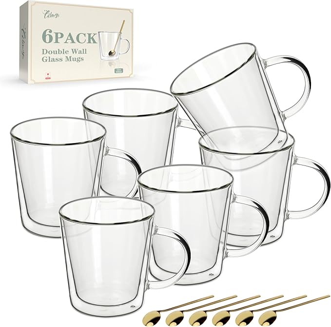 LIBWYS 12oz Double Wall Glass Coffee Mugs, Cappuccino Latte Tea Cups with Handle, Heat Resistant Borosilicate Insulated Clear Glasses (Set of 6)