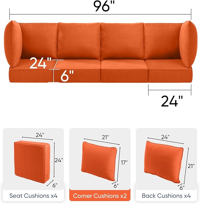 Luxury 24x24x6 Outdoor Chair Cushions Set of 4 - Water-Repellent 10-Piece Cushion Set for Outside Rattan Wicker Loveseat Chair Sectional L-Shape Sofa Patio Conversation Sets - Orange/Classic