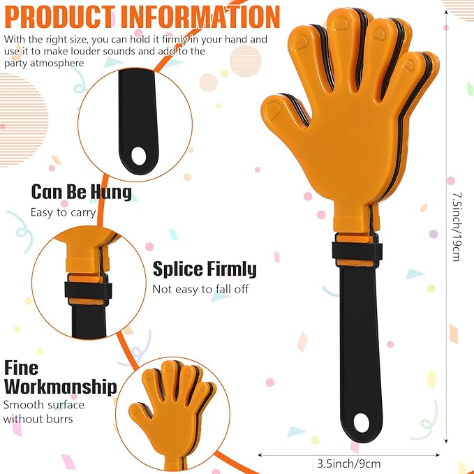24 Pcs Hand Clappers 7.5 Inch Plastic Clappers Noisemakers Party Favors Clapping Noise Maker Birthdays Game Prizes Classroom Rewards Football Sporting Events Cheers Supplies (Orange,Black)