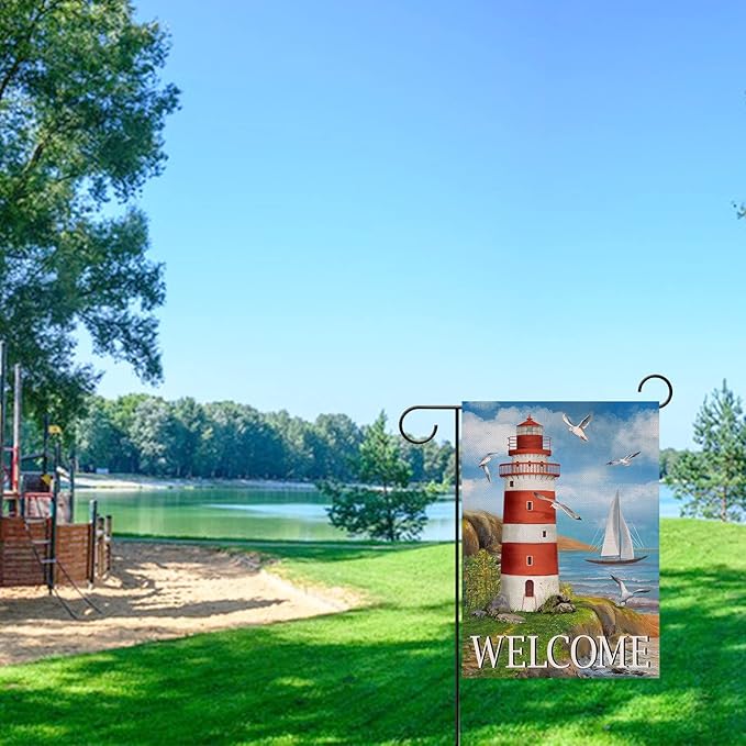 Covido Spring Summer Lighthouse Garden Flag, Coastal Seagull Birds Yard Beach Nautical Sailboat Outside Decoration, Ocean Outdoor Small Burlap Decor Double Sided 12 x 18