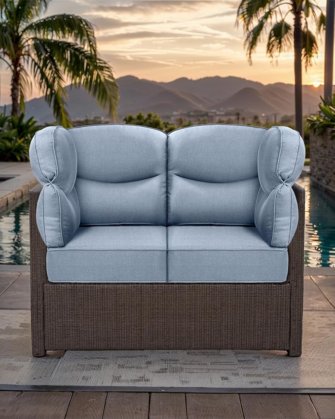 Luxury 24x24x6 Outdoor Corner Cushion 1 Set - Water-Repellent 3-Piece Cushion Set with Zipper for Outside Rattan Sofa Loveseat Chair Sectional Patio Conversation Sets - Baby Blue/Smile