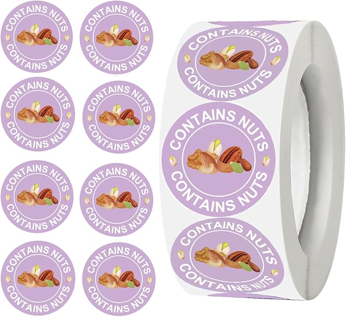 500 Pcs Contains Nuts Stickers 1 inch Nut Allergen Allergy Warning Stickers Tree Nuts Allergen Round Allergies Food Rotation Labels Allergic to Nuts for Food Packing Retail and Restaurants (Purple)