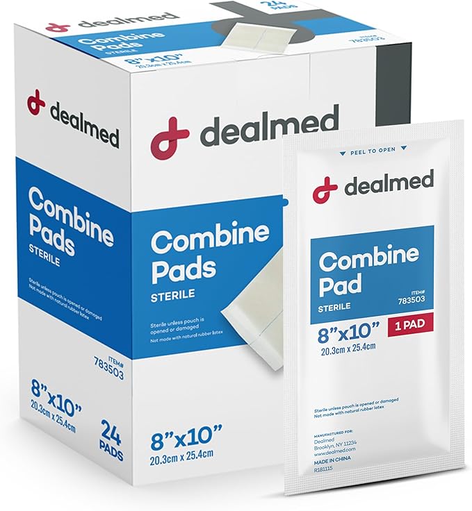 Dealmed Abdominal Combine Pads 8"x10" (24-Pack) Sterile Individually Wrapped, ABD Pads, Absorbent, Non Adherent for Wound Care, Drainage, First Aid, 24/Box (1 Pack)