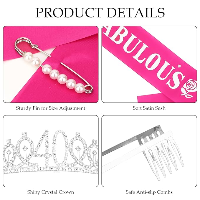 Casoty 40th Birthday Sash and Tiara, 40th Birthday Decorations for Women, 40 & FABULOUS Sash and Crown Set, Gifts for Her, Party Supplies Favors for Women