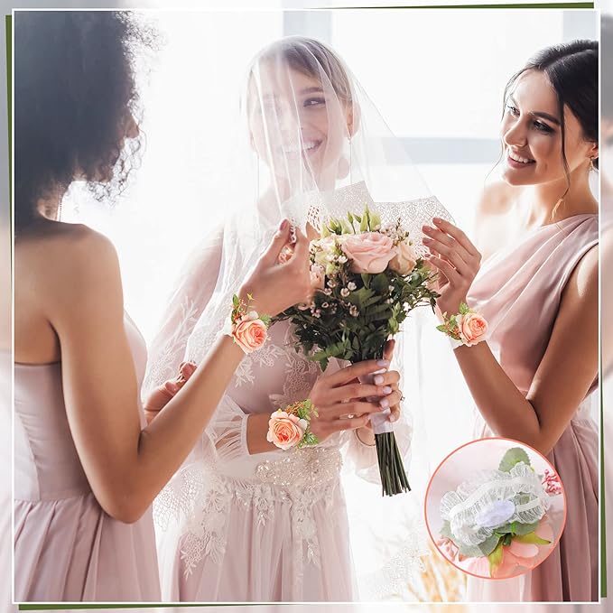 Jexine 12 Pcs Rose Wrist Corsage Bracelets Wedding Bridal Wrist Artificial Flower Wristband Flower Hand Decor for Bride Bridesmaid Homecoming Prom Party Decor(Pink Elegant)