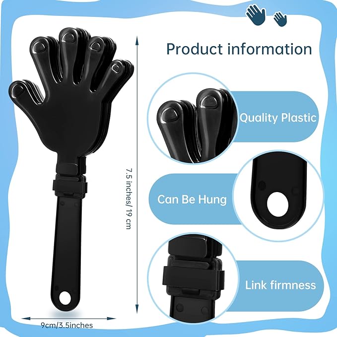 24 Pieces Black Hand Clappers 7.5 Inch Clappers Noisemakers Noise Makers Party Favors Plastic Party Clapper for Sporting Events Cheers Ball Dance Basketball Football Noisemakers（Black）