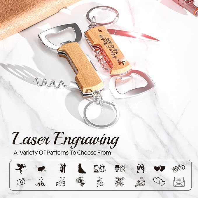 10PCS Personalized Wooden Multifunctional Bottle Opener, Customized Favors Gifts for Wedding Birthday Party, Engraved Bottle Opener Keychains for Guest