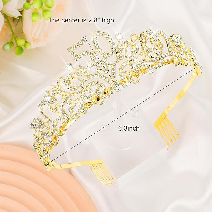 CIEHER 50th Birthday Decorations for Women - 50th Birthday Crown + 50 & Fabulous Birthday Sash + Pearl Pin Set, Gold 50th Birthday Tiara, 50th Birthday Gifts Women Friends