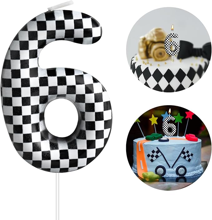 Racing Cars Themed Birthday Candle Number 6 Checkered Candle Birthday Party Decoration Cake Topper for Racing Car Party Decoration Theme Party Supplies (Number 6)