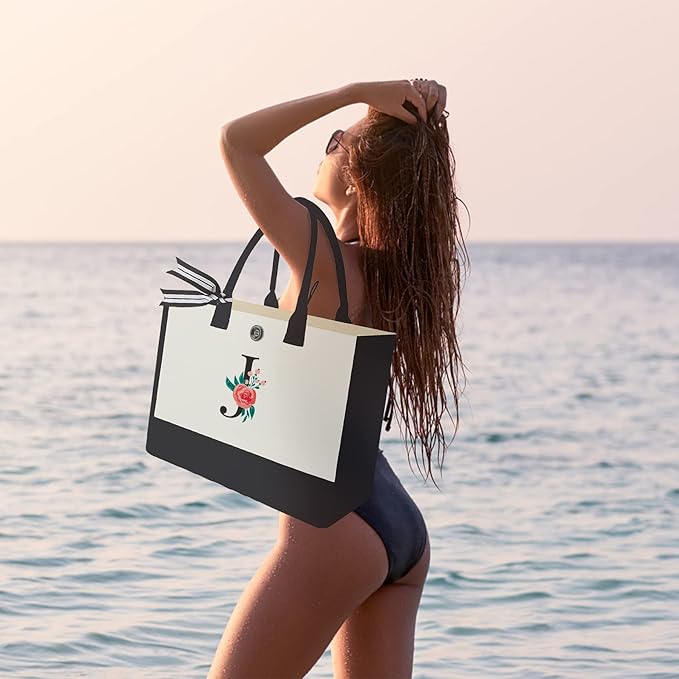 Initial Canvas Tote Bag, Personalized Birthday Gifts for Women Mom Friends Teachers, Monogrammed Tote Bags Suitable for Mother's Day Wedding Beach (Letter J)