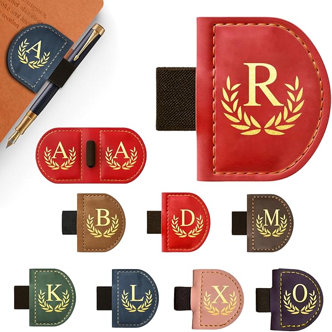 Personalized Leather Magnetic Bookmark with Pen Holder, Custom Bygone Mark Bookmark with Pen Holder, Custom Bookmarks with 26 Letters for Reading Women, Men, Teachers, Book Lovers（Red，R）