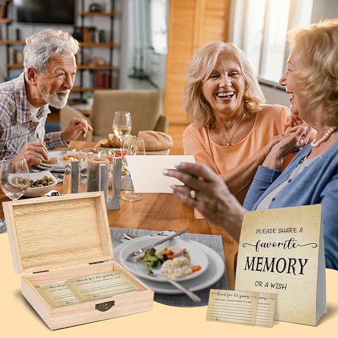 65th Birthday Party Share a Memory Set, 1961 Birthday Gifts for Women Men, 1961 Wooden Share A Memory Box with Memory Sign and 50 Pcs Memory Cards, 1961 Birthday Gifts, 65th Birthday Party Decorations