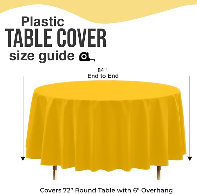 Exquisite 66% Thicker Premium Yellow Round Tablecloth 0.5 Mil 24 Pack Plastic Table Cloth Disposable 84 Inch Round Plastic Tablecloth Won't Tear Easily Like Cheap Thin Brands