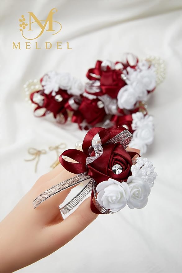 Meldel Wine Red Wrist Corsages for Prom, 2pcs Burgundy Rose Corsages for Bridal Bridesmaid Girl Mother Women, Wrist Flower Hand Flower for Wedding Ceremony Anniversary, Party,Homecoming