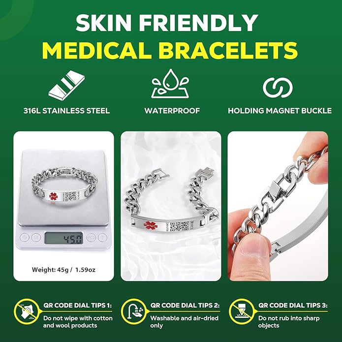 Upgraded Medical Bracelets Men Women with QR Code Medical Alert ID Bracelets - Titanium Steel Wristband Fits Wrists Up 8''-10'' - More Space Custom Emergency Med ID Info
