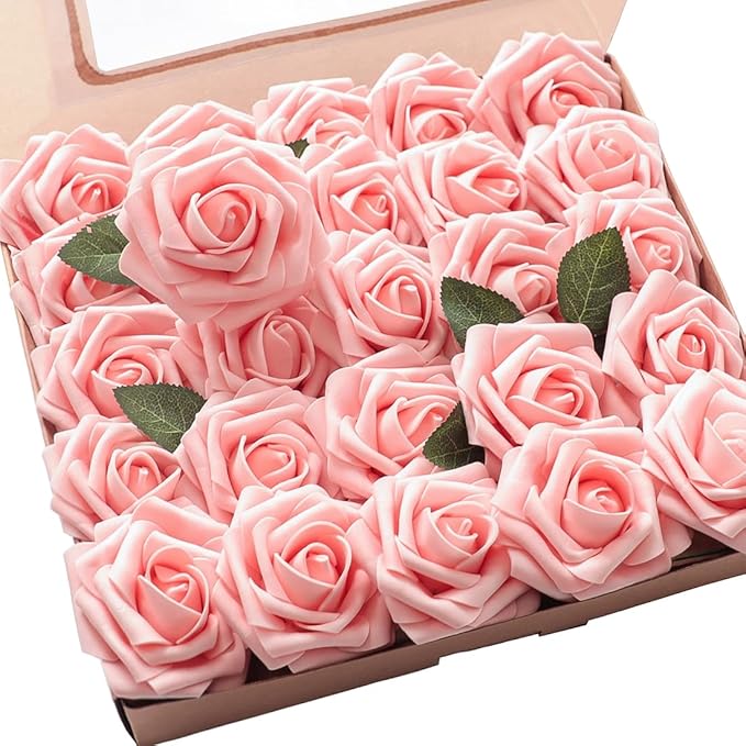 Floroom Artificial Flowers 50pcs Real Looking Peach Pink Foam Fake Roses with Stems for DIY Wedding Bouquets Bridal Shower Centerpieces Floral Arrangements Party Tables Home Decorations