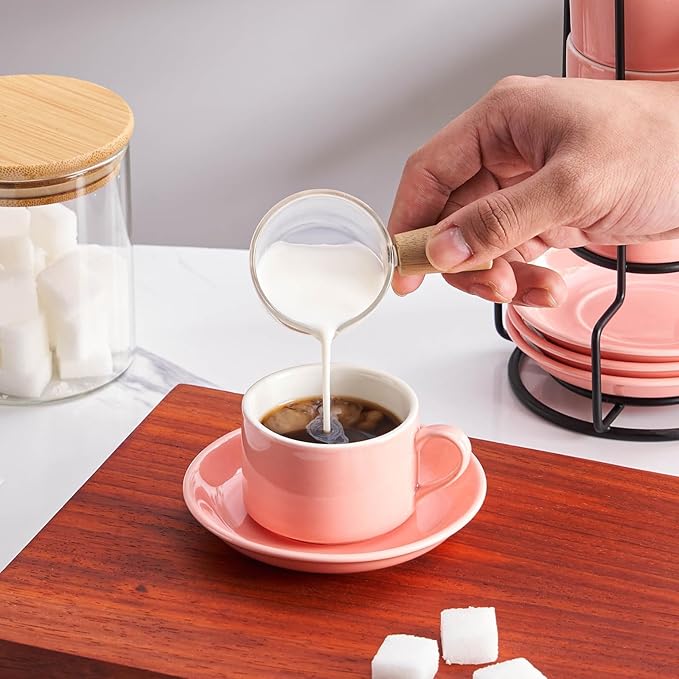 4oz Porcelain Stackable Espresso Cups with Saucers and Metal Stand Set of 4, Stackable Espresso Cups Set of 4, Pink Expresso Shots Cup Set for Coffee Drinks, Cappuccino Latte, Americano, Tea