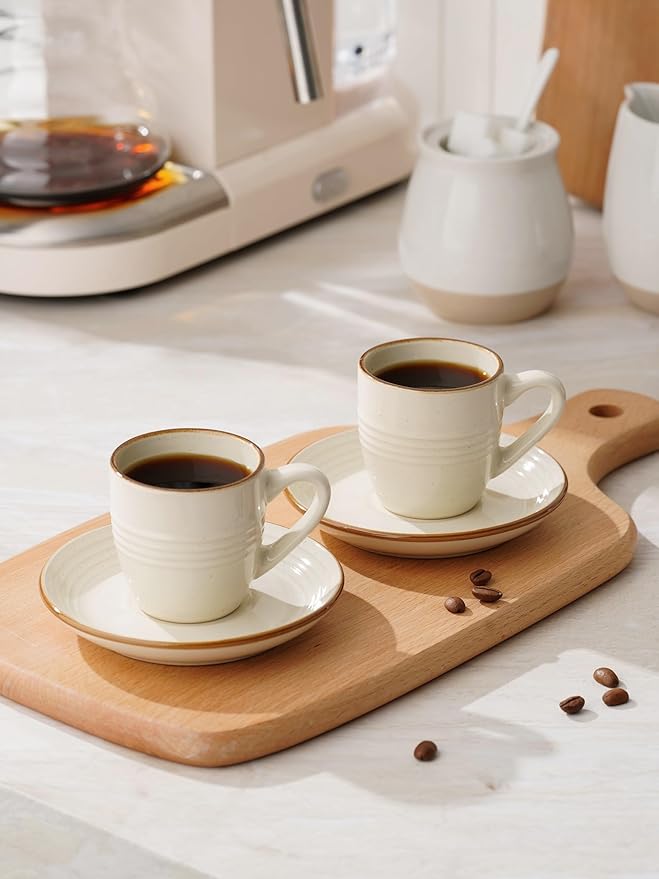 famiware Jupiter Espresso Cups and Saucers Set of 4, 3 oz Ceramic Small Coffee Mug with Handle, Spiral Stoneware Demitasse Cup for Tea, Latte, Cafe - Microwave & Dishwasher Safe, Vanilla White