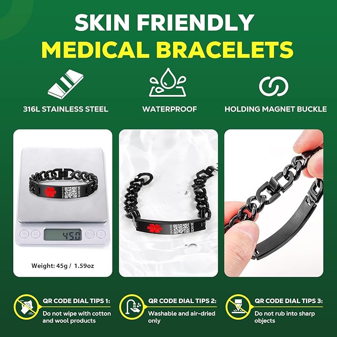 Upgraded Medical Bracelets Men Women with QR Code Medical Alert ID Bracelets - Titanium Steel Wristband Fits Wrists Up 8''-10'' - More Space Custom Emergency Med ID Info