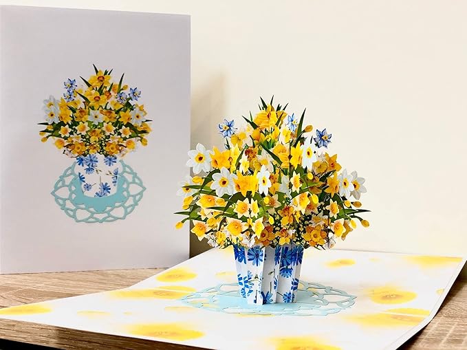 ETA 3D Pop Up Greeting Card – Yellow & White Daffodil Flower Bouquet in Vase, Handmade Paper Art, Birthday, Mother’s Day, Anniversary, Get Well & Thank You Card with Envelope, F27