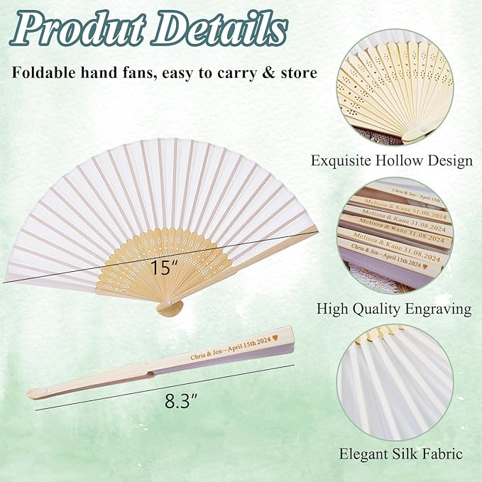 Personalized Engraved 40 Pcs White Silk Fans Folding Hand Fans, Summer Wedding Fans, Custom Silk-Bamboo Fans Wedding Party Favor Bridal Shower Dancing Props Gifts Birthday Party Supplies