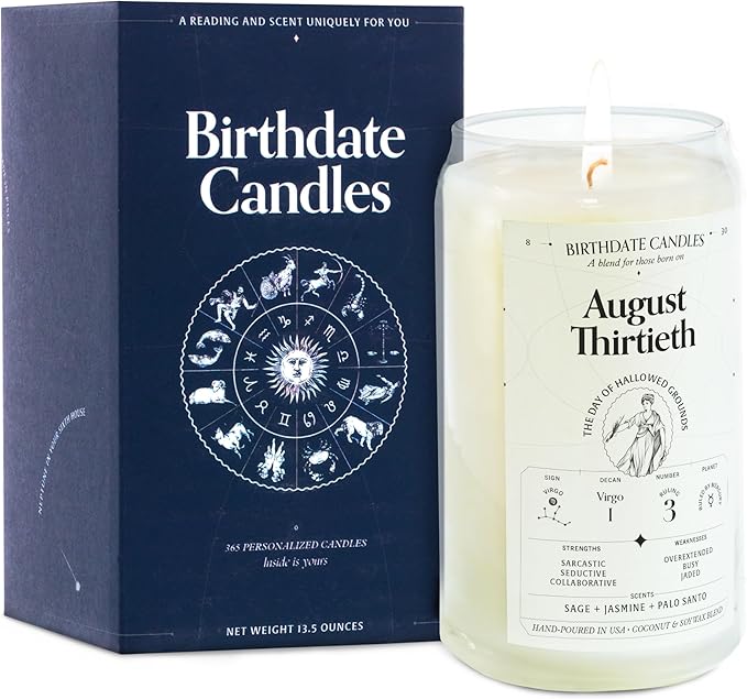 Birthdate Candles, August 30 - Virgo Zodiac Scented Candles Birthday Gift - Sage, Jasmine & Palo Santo Scent - All-Natural Soy & Coconut Wax, 60-80 Hour Burn Time - Made in USA