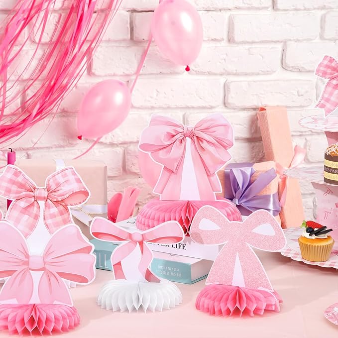 12 Pcs Pink Bow Party Honeycomb Centerpieces Pink Bow Table Centerpieces Coquette Theme Birthday Decorations Bow Party Decorations for Birthday Bridal Bachelorette Valentines Day Party Supplies