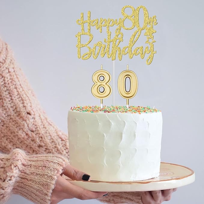 80th Birthday Decorations for Women Gold with 80th Birthday Sash and Tiara, Cake Topper and Candles, Number Balloons, 80 Year Old Gifts for Women