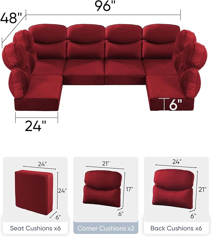 Luxury 24x24x6 Outdoor Seat Cushions for 6-Seat Sectional Sofa Set of 6 - Water-Repellent 14-Piece Patio Cushion Set for Outside Rattan Wicker Loveseat Chair L-Shape Couch - Red/Smile
