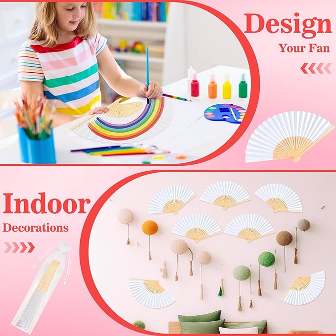 NEBURORA 12Pcs White Handheld Paper Fans 8.3 Inch Hand Held Bamboo Fans Foldable for Wedding Decoration Outdoor Party Favors DIY Decoration Dancing Photography Props