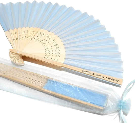 Personalized Engraved Silk Fans Folding Hand Fans with Organza Bags, 11Pcs Light Blue Summer Wedding Fans, Custom Imitated Silk-Bamboo Fans for Guests Wedding Party Favor Bridal Shower Gifts