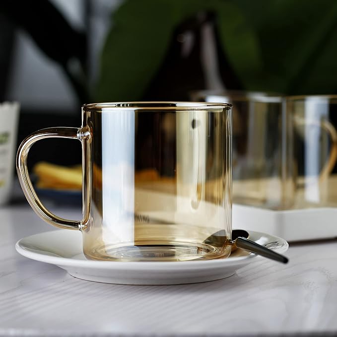 LUXU 4pcs Set Simple Glass Coffee Mugs-Hand Blown&Seamless Design,14 oz Amber Coffee Cups-Heat Resistant and Explosion-Proof,Lightweight Tea Mugs with Anti Scald Handle Ideal for Home,Cafe,Coffee Bar
