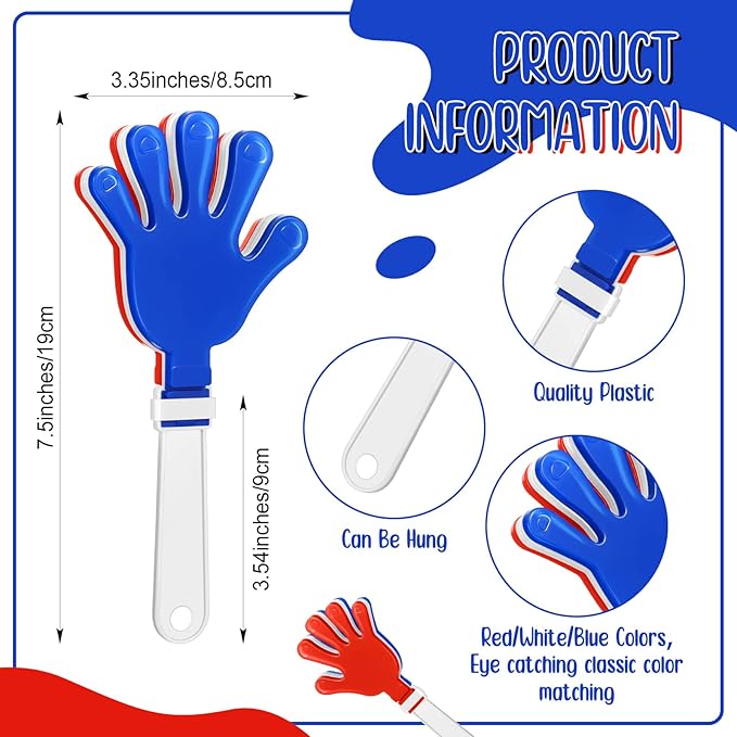 Jenaai 120 Pcs Hand Clapper Bulk Noise Makers Red White Blue 7.5 Inch Clapping Hands Party Favors Plastic Noisemakers Noise Maker for Adult Sports Events Birthday Supplies Accessories