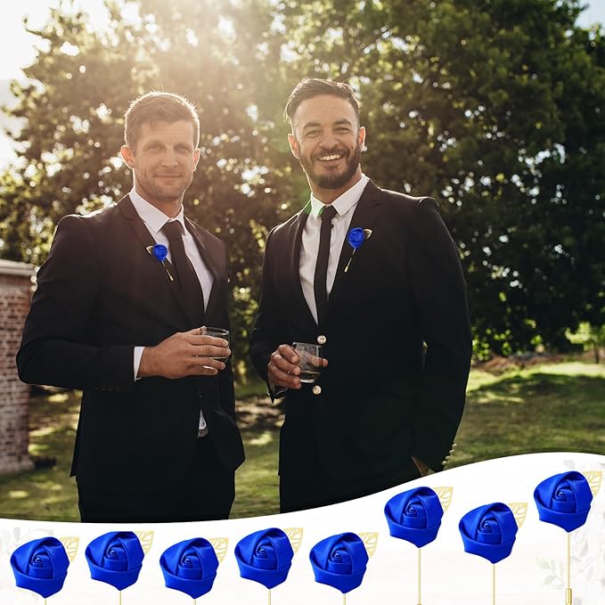 Zeyune 24 Pcs Boutonniere Rose Boutonniere Wedding Buttonholes Pocket for Men Wedding for Prom Party(Blue)