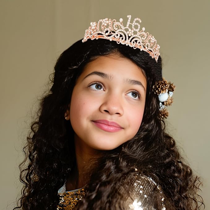 Semato Sweet 16 Party Decorations Set - Rose Gold 16th Birthday Crown and Sweet 16 Sash Glitter Kit for Girls Birthday Happy Birthday Girl Tiara Birthday Party Supplies and Favors