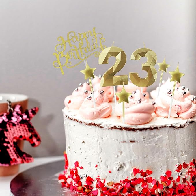 Golden Number 18 Birthday Candles and Star Birthday Candles, 2.76 inch, 3D Diamond Shaped, Suitable for Birthday Parties and Anniversary Cake Decorations