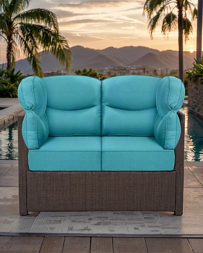 Luxury 24x24x6 Patio Cushions for Outdoor Furniture Set of 2 - Water-Repellent 6-Piece Cushion Set for Outside Rattan Couch Loveseat Chair Sectional Conversation Sets - Turquoise/Smile