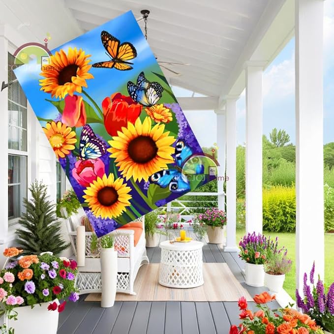 large Garden Flag 28x40 Double Sided sunflower spring flag, monarch Butterfly Floral Flower Welcome Garden Yard House Flags Outside Outdoor House sunflower Spring Summer Décor