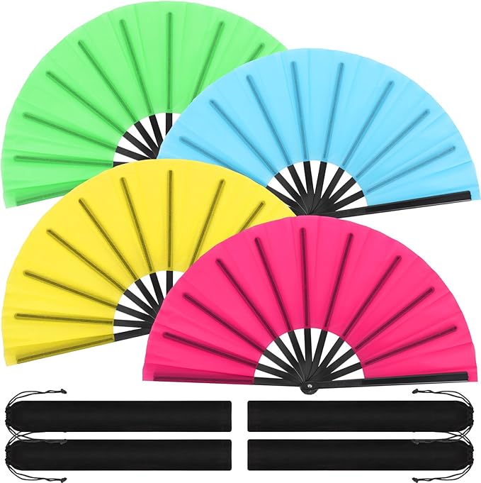 Blulu 4 Pcs 13 Inch Large Folding Hand Fans for Line Dancing Big Clapping Popping Raves Fans Bulk for Dancing Boots on The Ground Festival Party Decoration(Classic Style, Fluorescent Color)